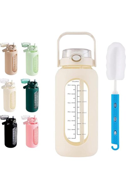 GENERAL PSKIES 64oz Glass Water Bottle with Straw and Handle Lid Half Gallon ...