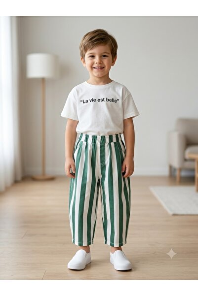 Motebarn Wear مجموعة سراويل جينز مخططة للأولاد - سراويل بقصة بالون مخططة عمود...