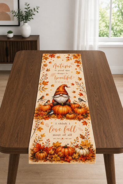 Bebişim Halı Orange Runner Tablecloth with Pumpkin, Autumn Gnome and Leaf Pat...