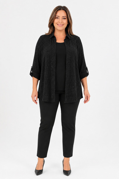 bihan store طقم بلوزة نسائية من قطعتين مع شارات وتطريز لامع Y26-50132 - أسود