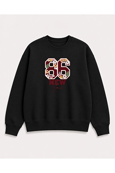 herkesemoda Numbers and Flowers Print Detailed Crew Neck 2-Thread Sweatshirt