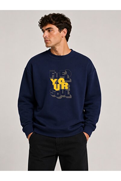 herkesemoda Fuel Your Harder Print Detailed Crew Neck 2 Thread Sweatshirt wit...