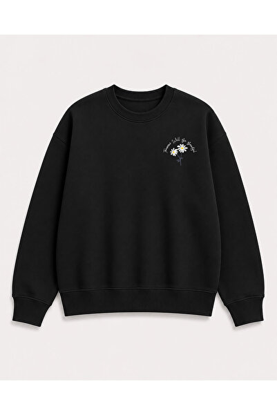 herkesemoda Daisy Print Detailed Crew Neck 2 Thread Sweatshirt