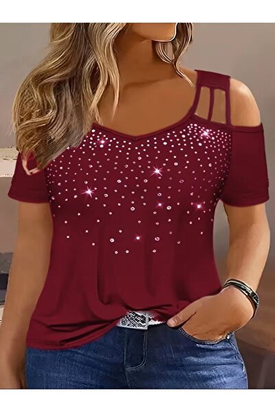 UFC 1985 TOP BRAND بلوزة نسائية قصيرة الأكمام مكشوفة الأكتاف من الفيسكوز المر...