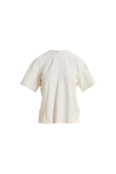 GİZİA Yanları Dantelli Ve Boncuklu Kısa Kollu Ekru T-shirt
