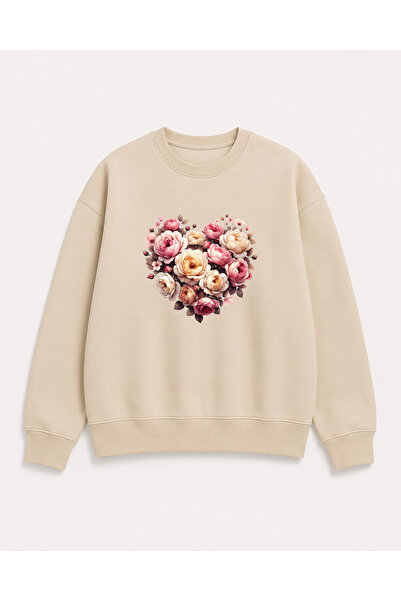 herkesemoda Heart and Roses Print Detailed Crew Neck 2 Thread Sweatshirt