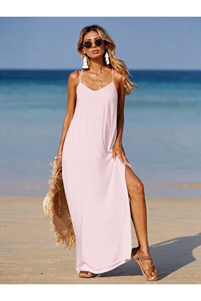 oniks store Women's Rope Strap V-Neck Long Viscose Dress with Cross Detail on...