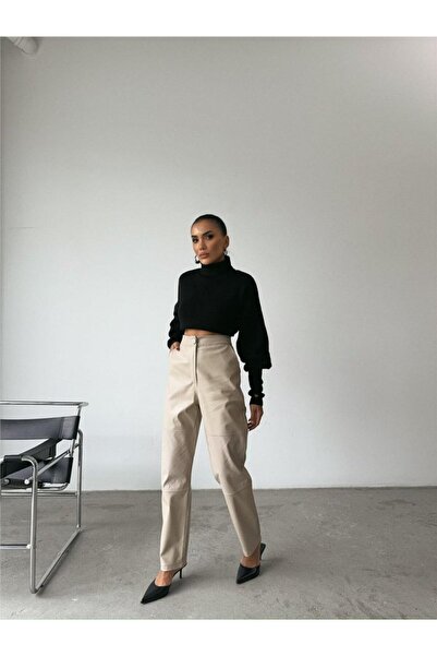 MODA ŞEHRİ Leather Pants with Knee Pieces - Stone