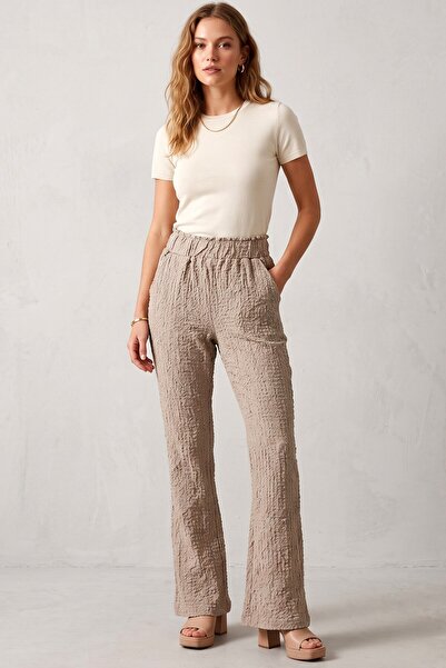 hadiora Women's Beige Bubble Fabric Elastic Waist Flared Trousers