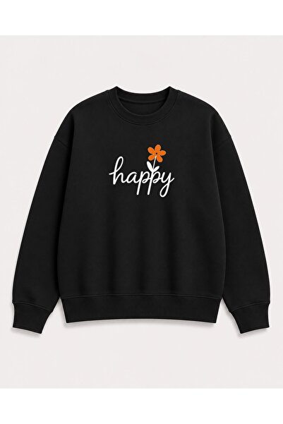 herkesemoda Hanorac cu guler rotund, cu imprimeu Happy Print, detaliat, cu 2 ...
