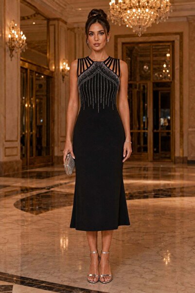 Mossta Sleeveless Stone Stripe Detailed Midi Crepe Dress - Black