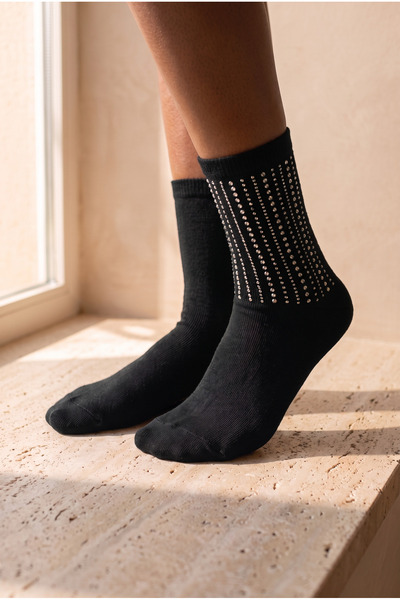Katia&Bony Women's Cotton Socks with Stone Accessories, Black