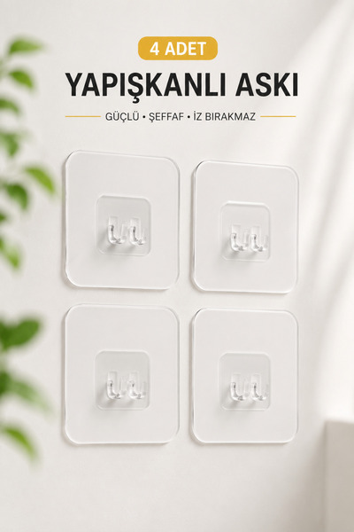 BEYZANA 4’lü Süper Güçlü Yapışkanlı Banyo Askısı | Sticker | Raf Tutucu