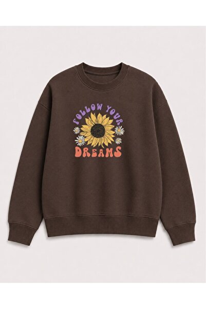 herkesemoda Sunflower Printed 2 Thread Threaded Crew Neck Sweatshirt