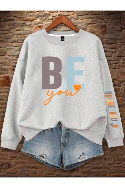 herkesemoda Be You Printed Gray 2 Thread Raster Crew Neck Sweatshirt