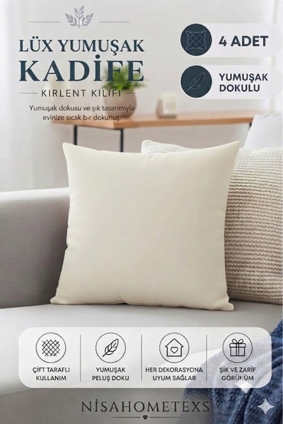 Nisahometeks 4 Adet Krem Yumuşak Dokulu Kadife Salon Kırlent Kılıfı 45 x 45 c...