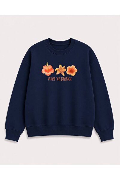 herkesemoda Orange Flowers Printed 2 Thread Threaded Crew Neck Sweatshirt