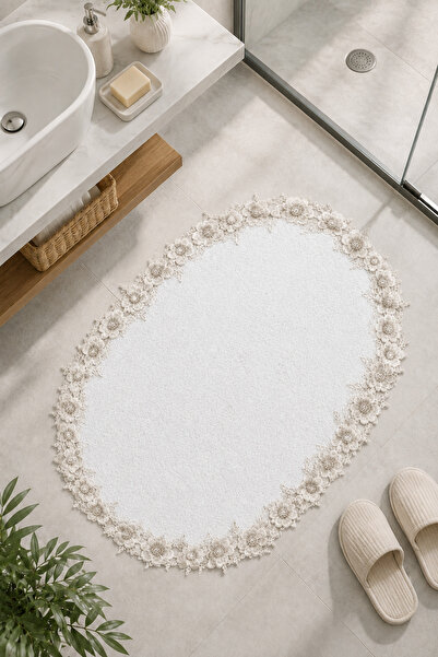 Bonny Home White Lace Non-Slip Leather Based Oval Bath Mat Washable Bathroom ...