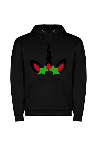 iLovePrints Mystic Holly Unicorn Design Φούτερ με κουκούλα σε χρώμα Μαύρο