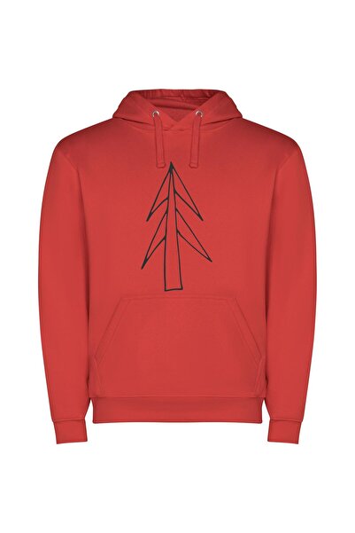 iLovePrints Minimalist Pine Line Art Φούτερ με κουκούλα σε χρώμα Κόκκινο