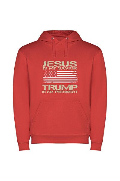 iLovePrints Savior Trump, Divine Print Φούτερ με κουκούλα σε χρώμα Κόκκινο