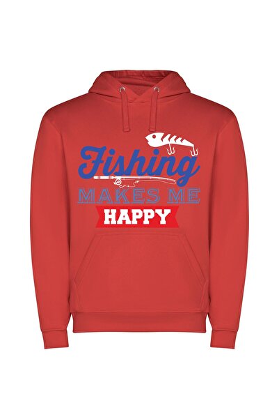 iLovePrints Fishing Bliss: Pure Happiness! Φούτερ με κουκούλα σε χρώμα Κόκκινο