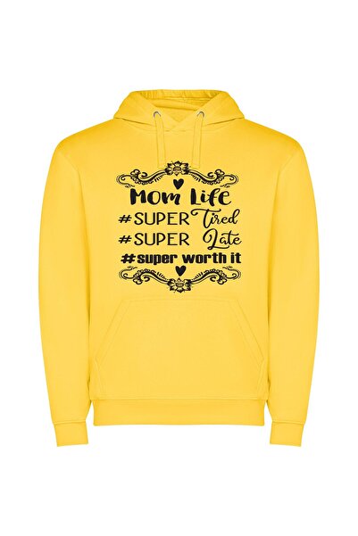 iLovePrints Super Mom, Street Chic Φούτερ με κουκούλα σε χρώμα Κίτρινο