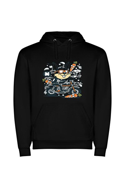 iLovePrints MotoHare: Electric Bunny Revs! Φούτερ με κουκούλα σε χρώμα Μαύρο