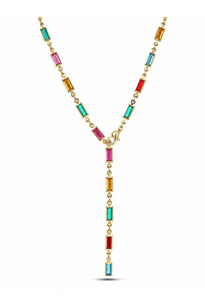 serelya Brass Colored Zircon Stone Rectangular Model Gold Color Women's Y Nec...