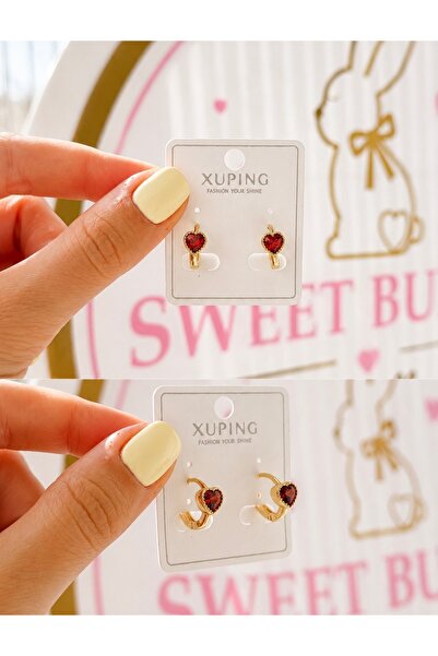 Sweet bunny Xuping Kırmızı Kalp Figürlü Çocuk Küpesi | Taşlı Altın Renk Sevim...