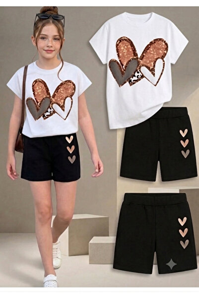 Kids Summer Girl's Brown Hearts Double Set