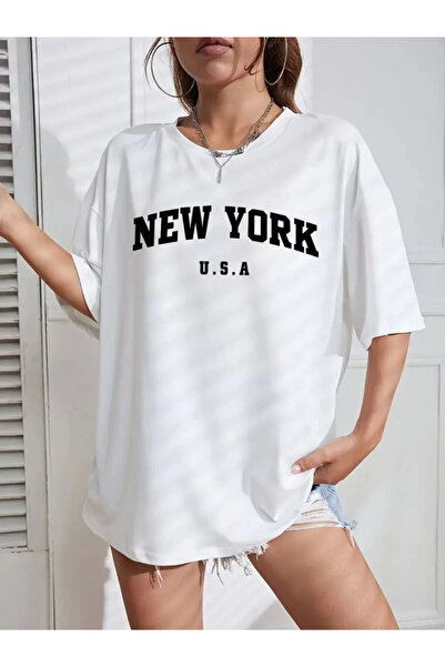 MODA ŞEHRİ New York Printed Oversize Crew Neck T-Shirt - White