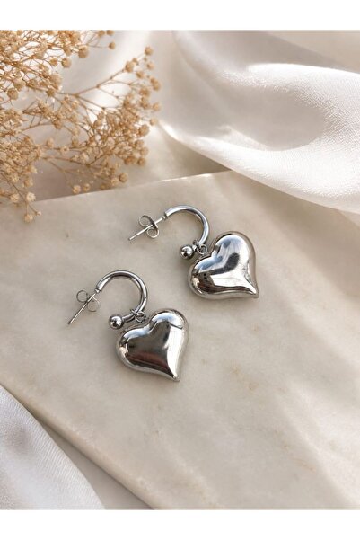 CM Jewelry Heart Detailed Silver Color Steel Earrings