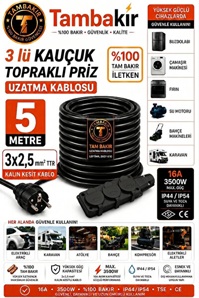 Tambakır 3'lü Kauçuk Topraklı Uzatma Kablosu 5-50 Metre 3x2,5mm TTR Tekli %10...