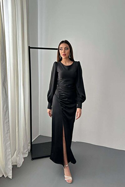 Moda Days فستان نسائي من الساتان الأسود بأكمام طويلة وفتحة جانبية وفتحة جانبي...