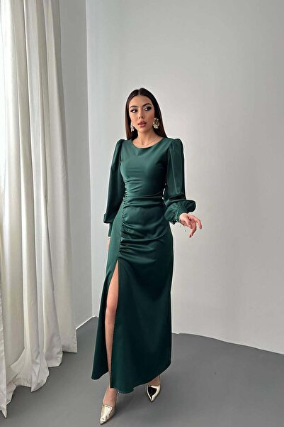 Moda Days Дамска изумрудена сатенена макси рокля с дълъг ръкав, с набори отст...