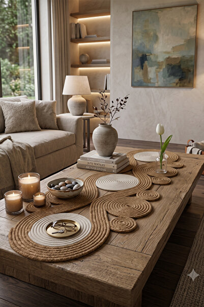 Villadia Home Textile Jüt Hasır Sarmal Masa Örtüsü Dekoratif Örgü Runner Doğa...