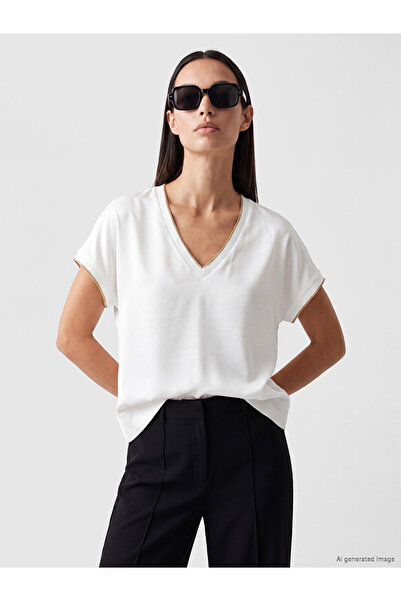 LC Waikiki Ecru V-Neck Oversize Women's T-Shirt