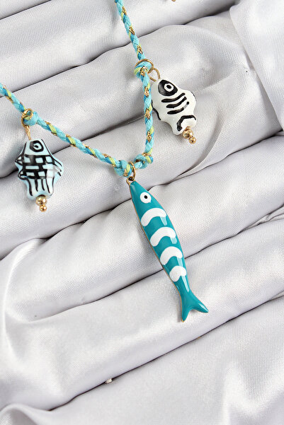 DMR Elegance Ceramic Motif Fish Figured Model Blue Rope Women's Necklace