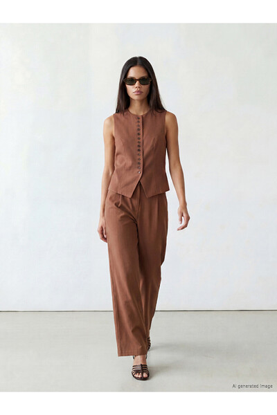 LC Waikiki Brown high waist Pleated women's fabric trousers