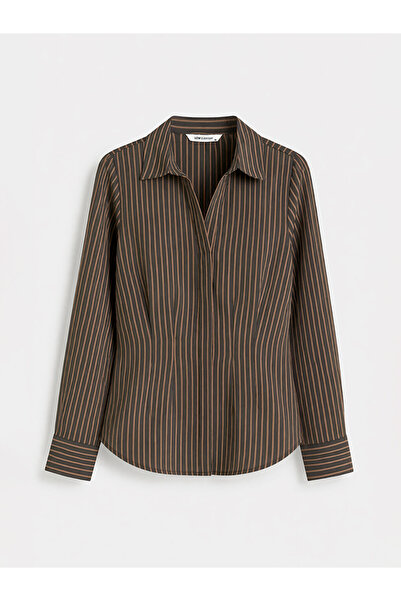 LC Waikiki Brown Striped Modal Blend Pleated Women's Shirt