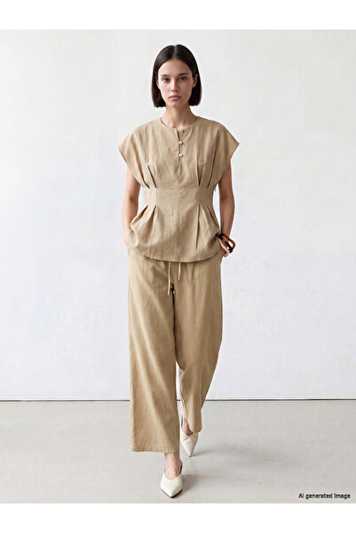 LC Waikiki Beige Elastic Waist Wide Leg Women's Trousers