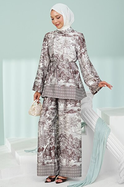 İmajButik Brown Patterned Tunic Trouser Suit