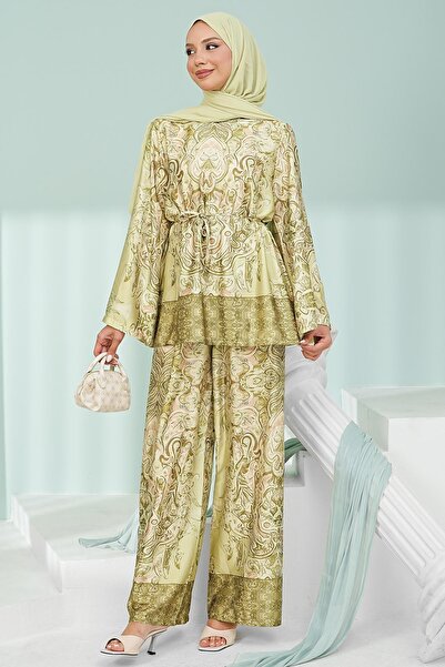 İmajButik Oil Green Patterned Tunic Trouser Suit