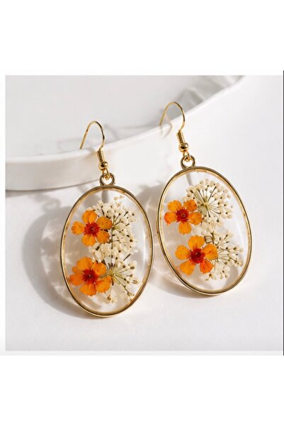 MK Creations Gold Oval Pressed Flower Resin Dangle Earrings