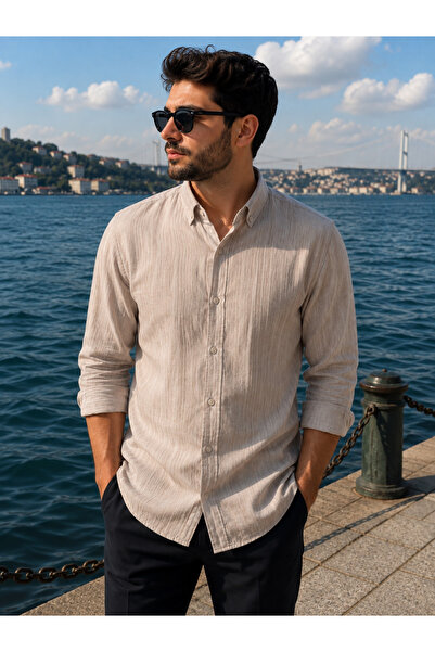 EMPEROR APPAREL Erkek Krem Uzun Kollu Armürlü Keten Gömlek