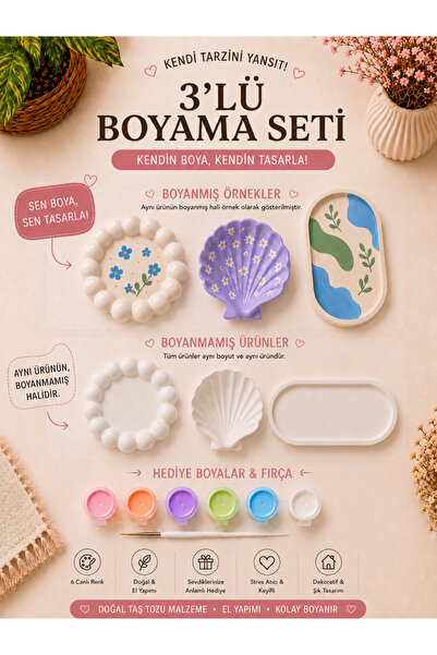 LORİCA 3’lü Kendin Boya Dekoratif Obje Boyama Seti – Bubble Tabak, Deniz Kabu...