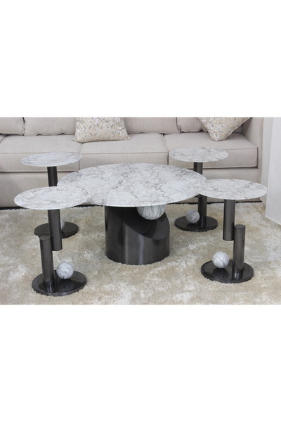 GLAMOURE HOME Modern Leaf Design Dining and Entertainment Table Set / Integrated Black Bases and Marble Balls (Consists of 5 Pieces: 1+4)