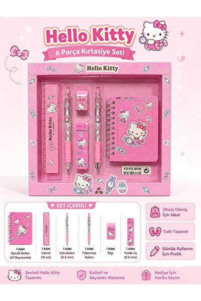 Sevimli Karakter Hello Kitty Temalı Özel Kutulu 6'lı Kırtasiye Seti