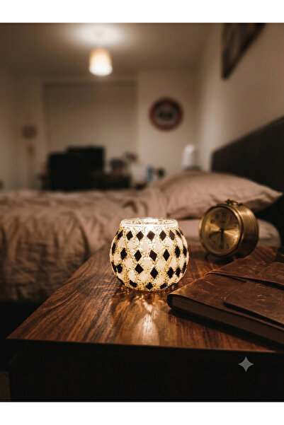 El Yapımı Siyah Beyaz Mozaik Cam Mumluk Dekoratif Tealight Mumluk Gece Lambası Ambiyans